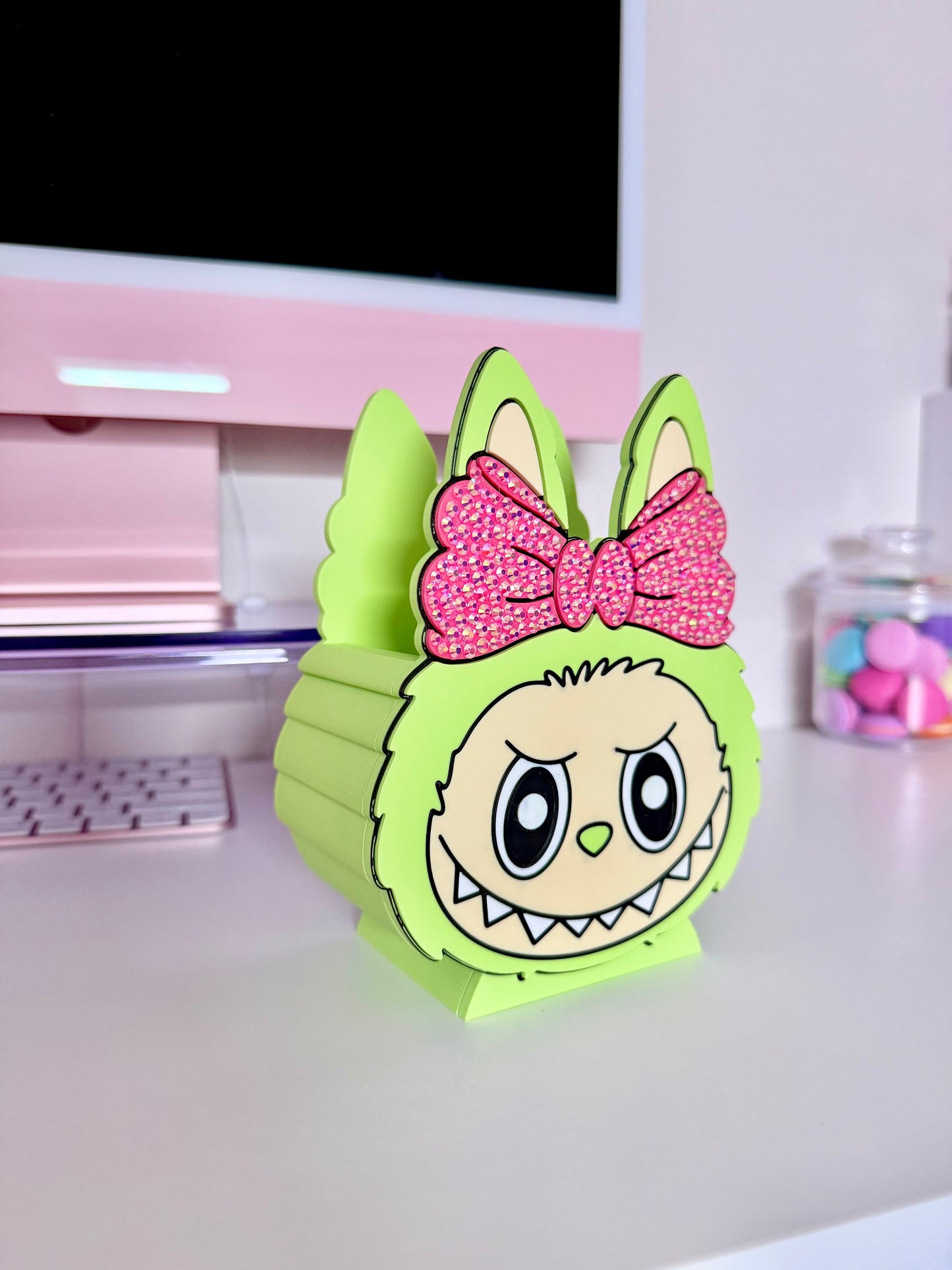 Cute Monster w/rhinestone bow pen/ makeup bush holder