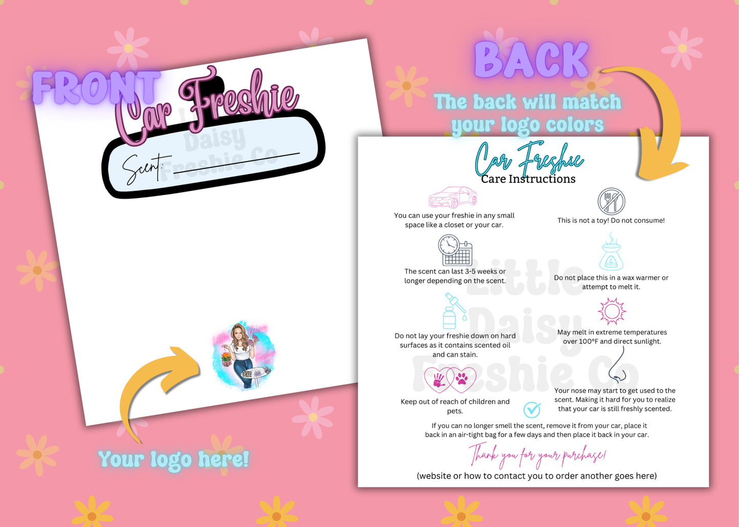 Double sided W/Logo Freshie Bag with Care instructions Insert (3 Size options) Set of 10