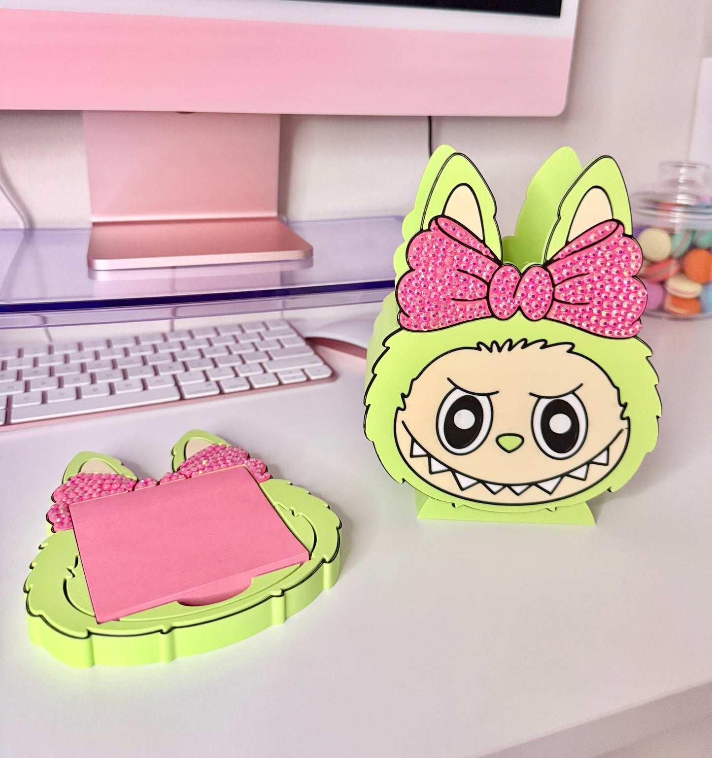 Cute Monster Pen Holder & Sticky Note Holder Set With Rhinestones