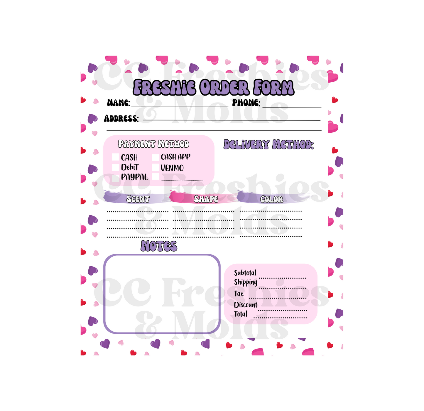 Hearts Freshie Order Form Notepad
